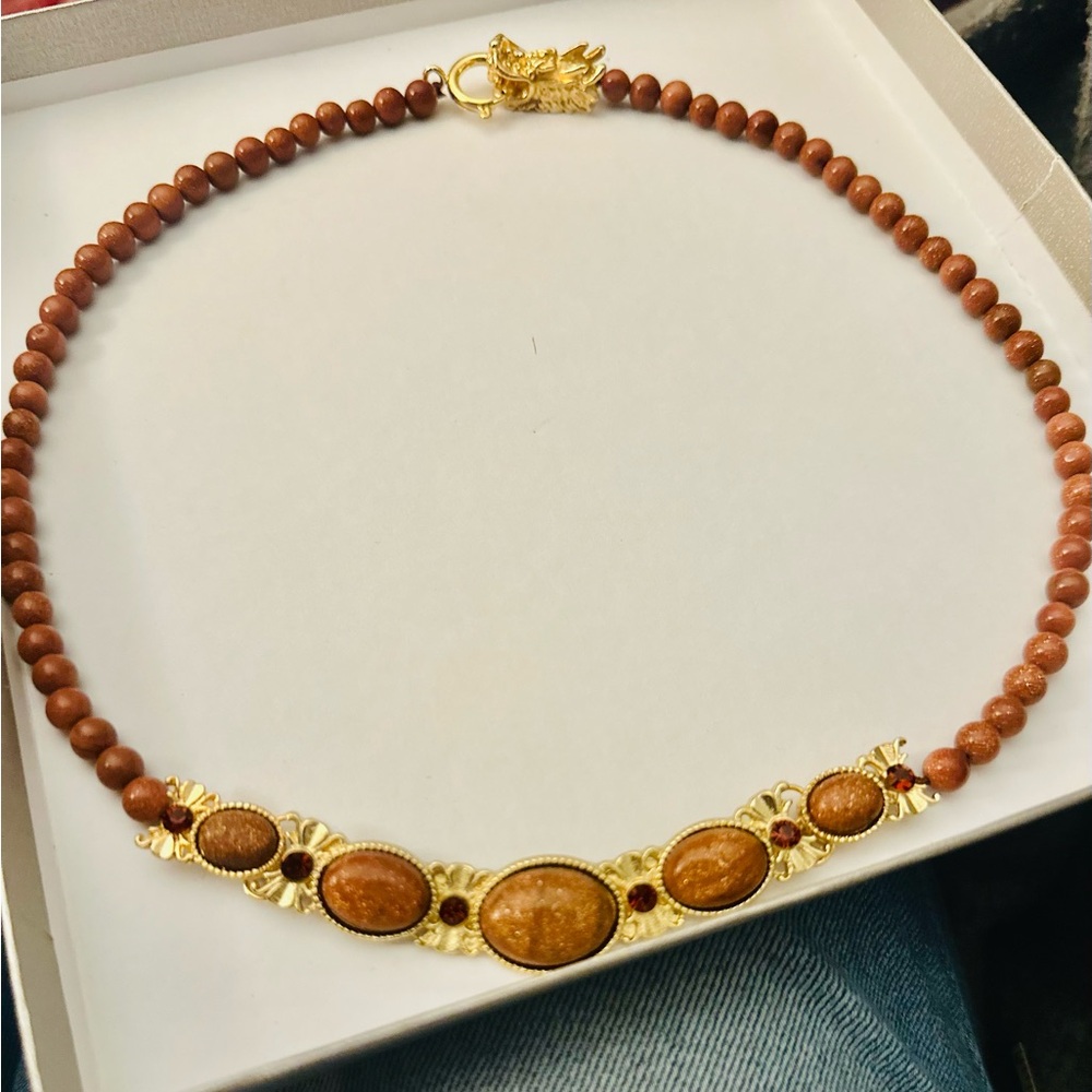NEW Gold Sandstone & Brown Austrian Crystal Gold Toned Beaded Necklace